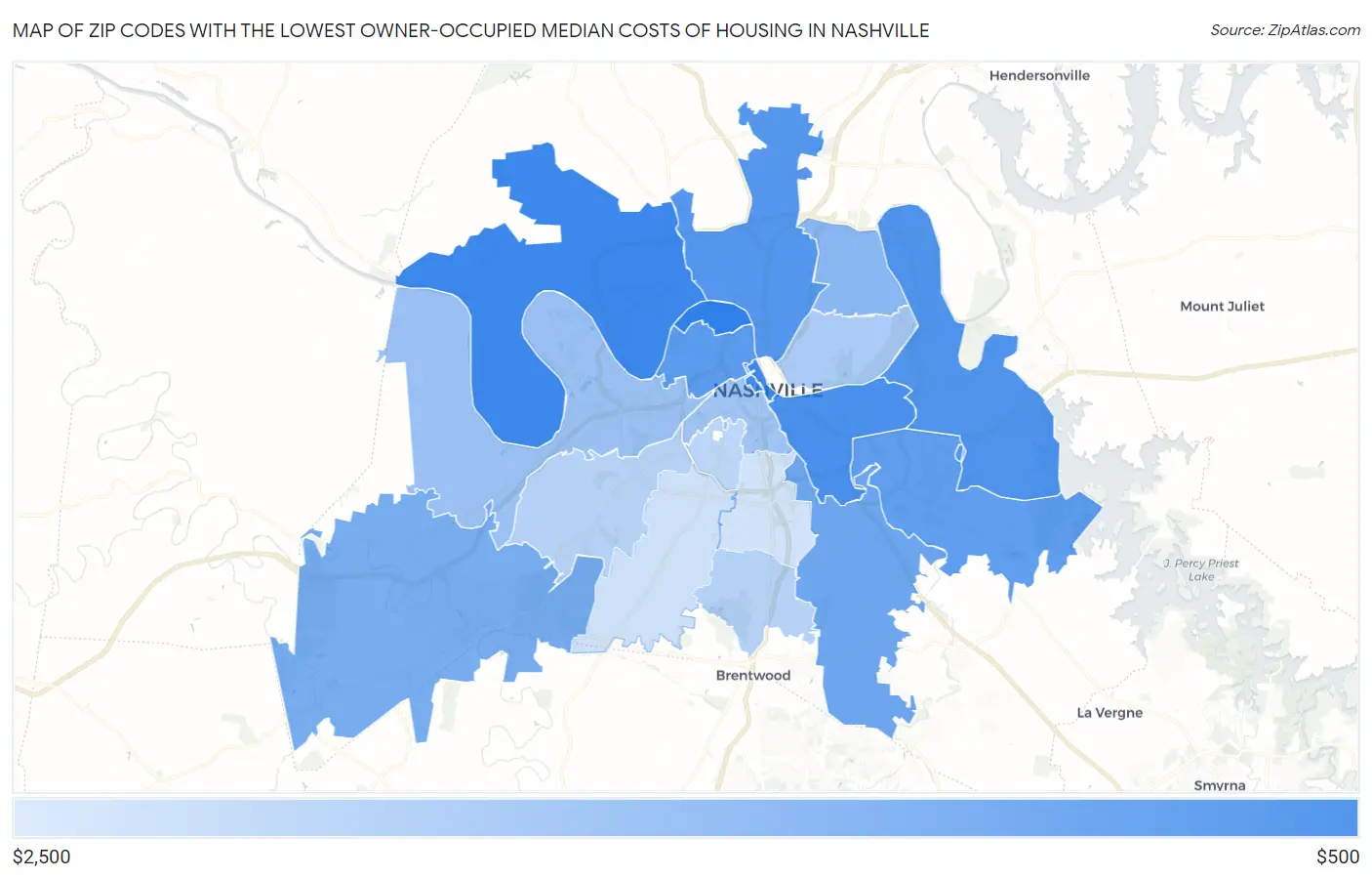 Zip Codes with the Lowest Owner-Occupied Median Costs of Housing in Nashville Map