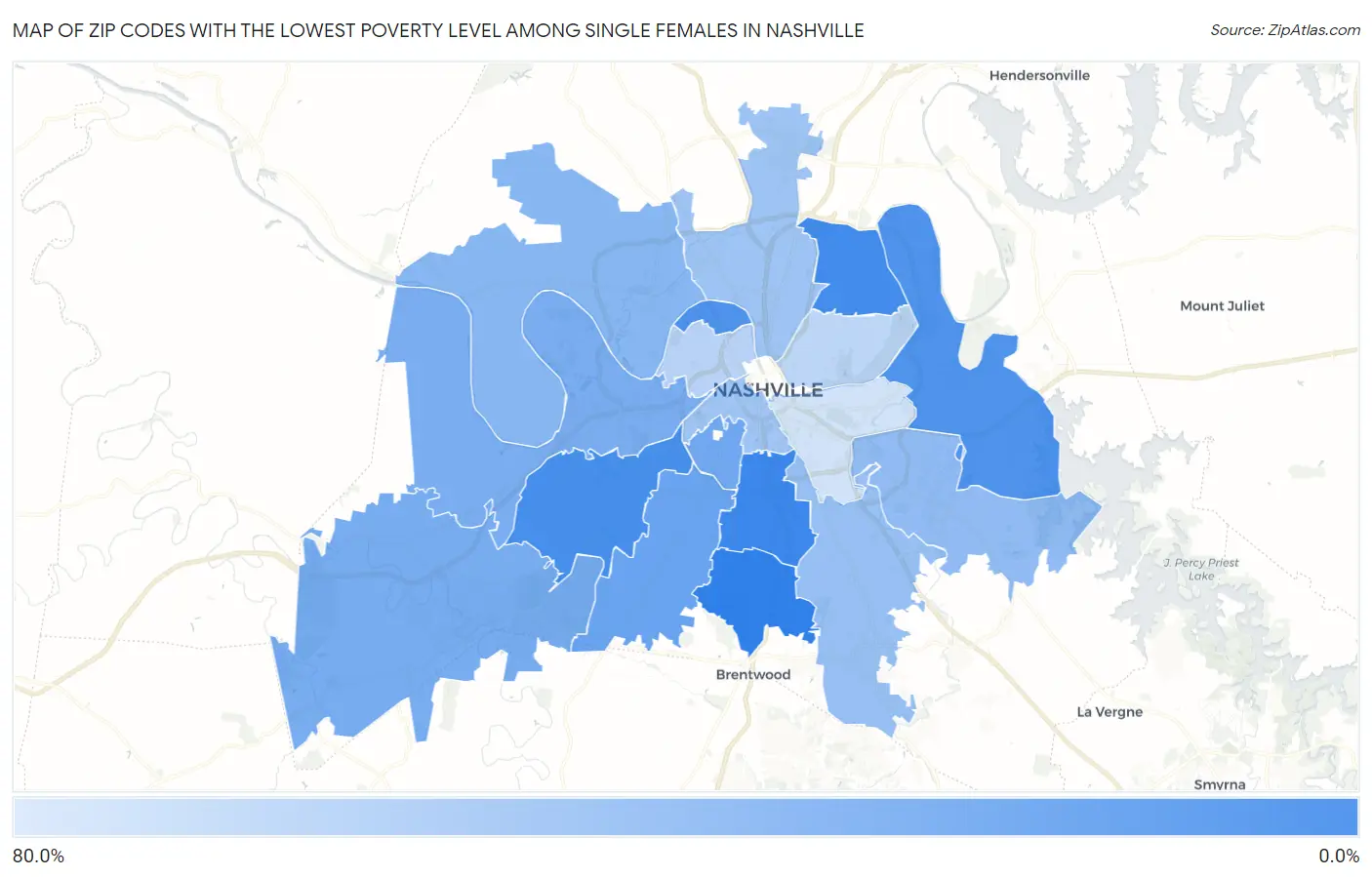 Zip Codes with the Lowest Poverty Level Among Single Females in Nashville Map