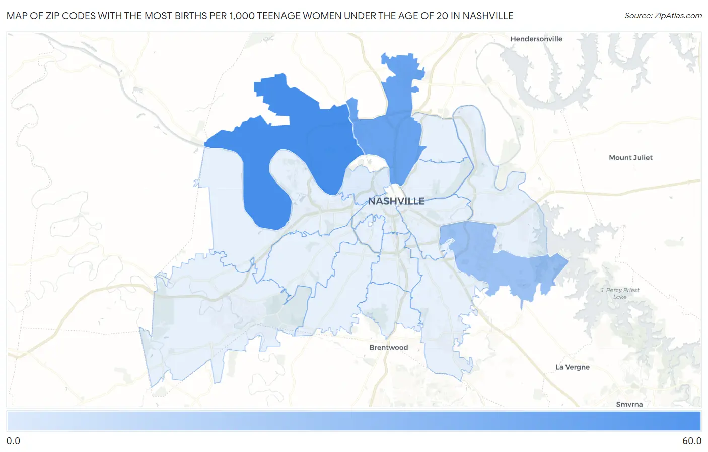 Zip Codes with the Most Births per 1,000 Teenage Women Under the Age of 20 in Nashville Map