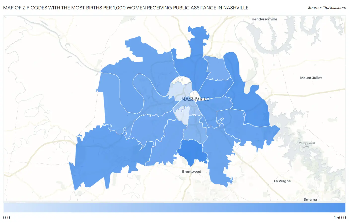 Zip Codes with the Most Births per 1,000 Women Receiving Public Assitance in Nashville Map