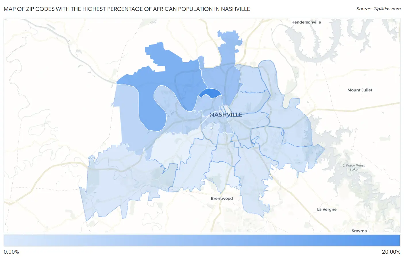 Zip Codes with the Highest Percentage of African Population in Nashville Map