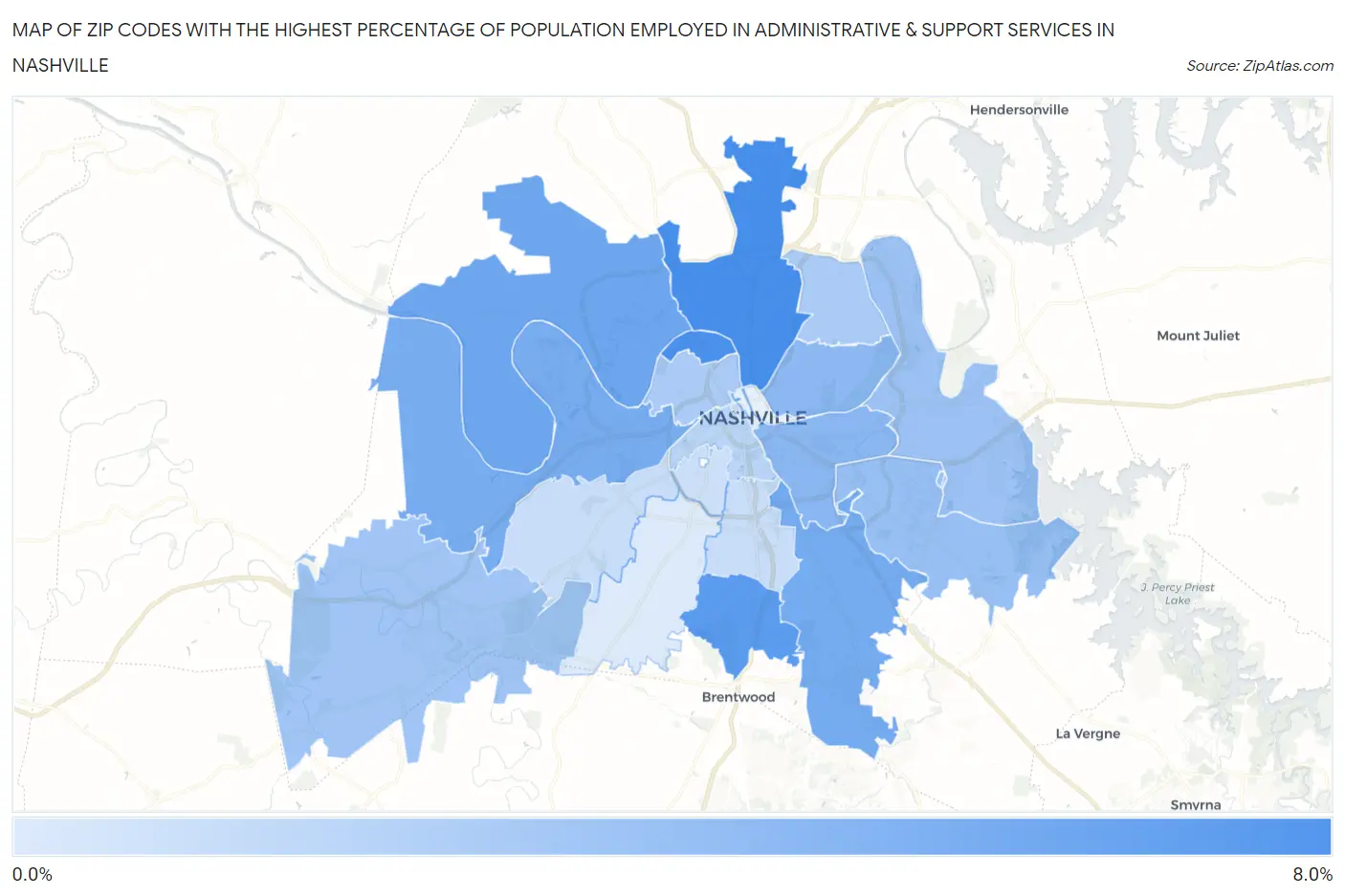 Zip Codes with the Highest Percentage of Population Employed in Administrative & Support Services in Nashville Map