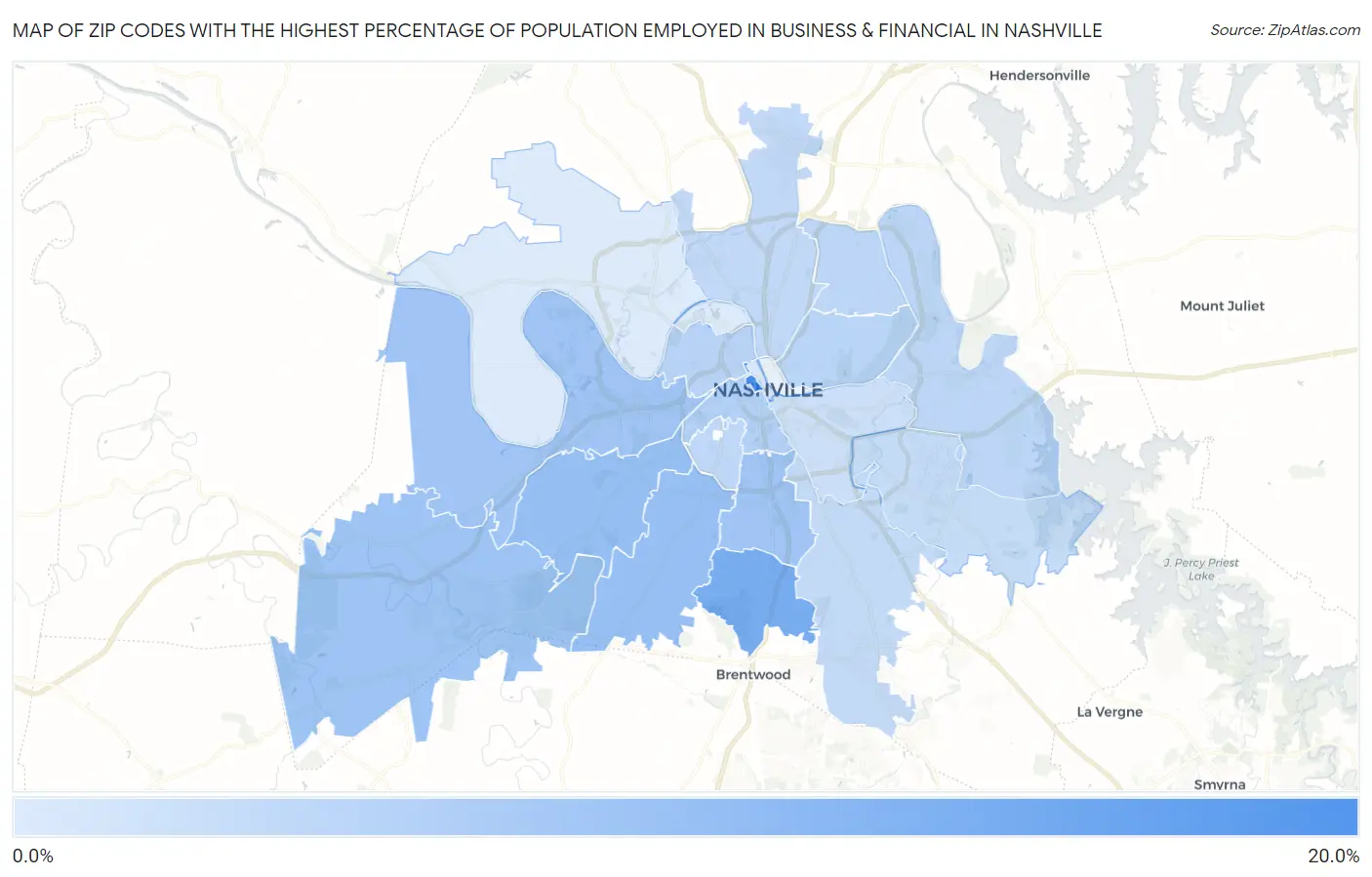 Zip Codes with the Highest Percentage of Population Employed in Business & Financial in Nashville Map
