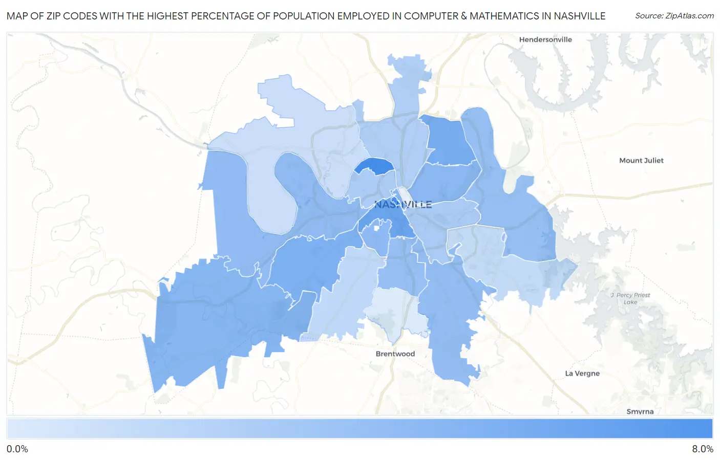 Zip Codes with the Highest Percentage of Population Employed in Computer & Mathematics in Nashville Map