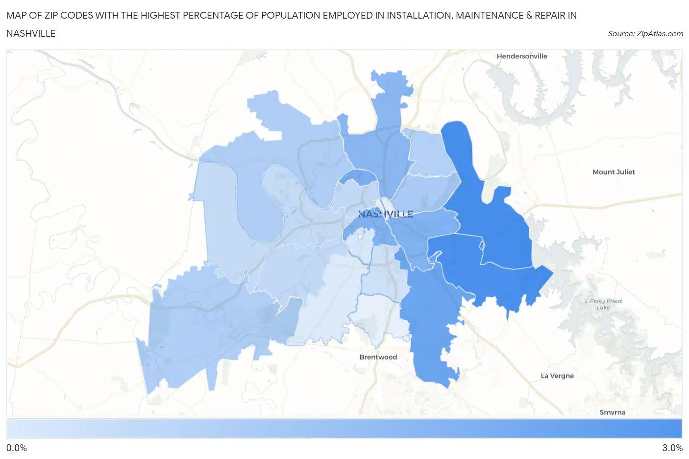 Zip Codes with the Highest Percentage of Population Employed in Installation, Maintenance & Repair in Nashville Map