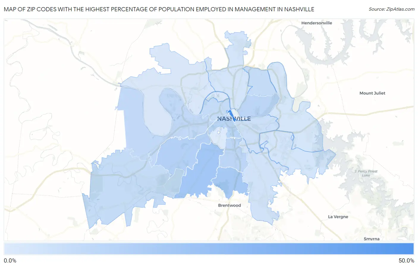 Zip Codes with the Highest Percentage of Population Employed in Management in Nashville Map