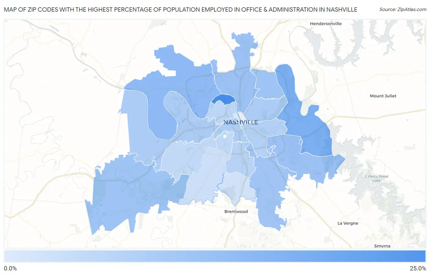 Zip Codes with the Highest Percentage of Population Employed in Office & Administration in Nashville Map