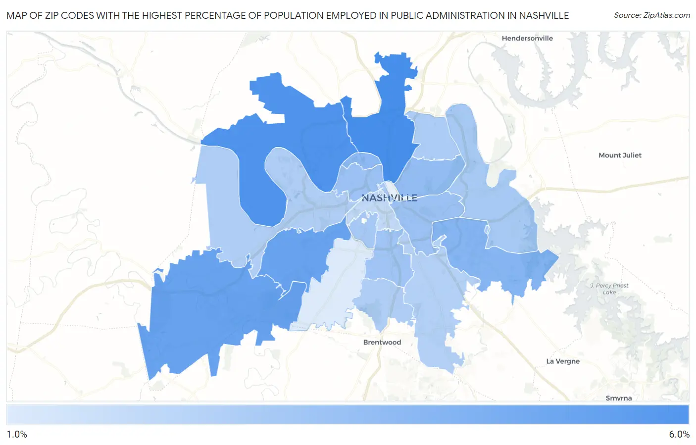 Zip Codes with the Highest Percentage of Population Employed in Public Administration in Nashville Map