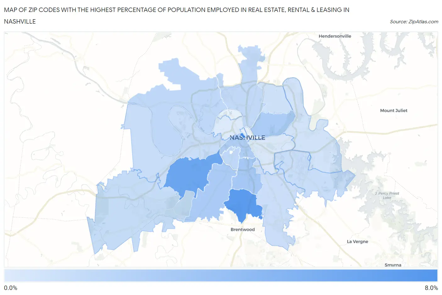Zip Codes with the Highest Percentage of Population Employed in Real Estate, Rental & Leasing in Nashville Map