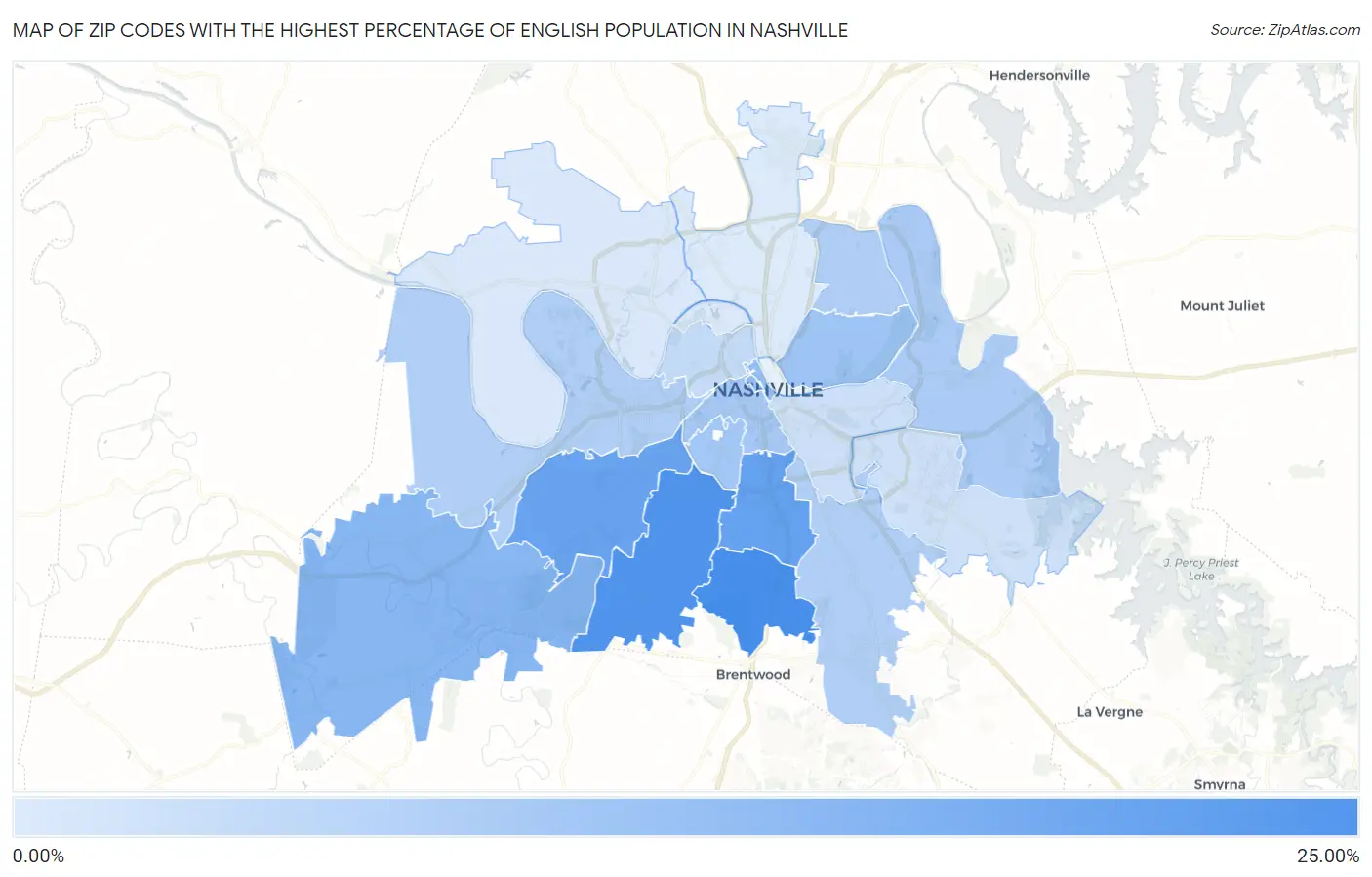 Zip Codes with the Highest Percentage of English Population in Nashville Map