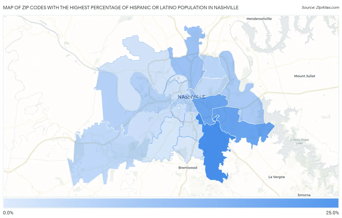 Zip Codes with the Highest Percentage of Hispanic or Latino Population in Nashville Map