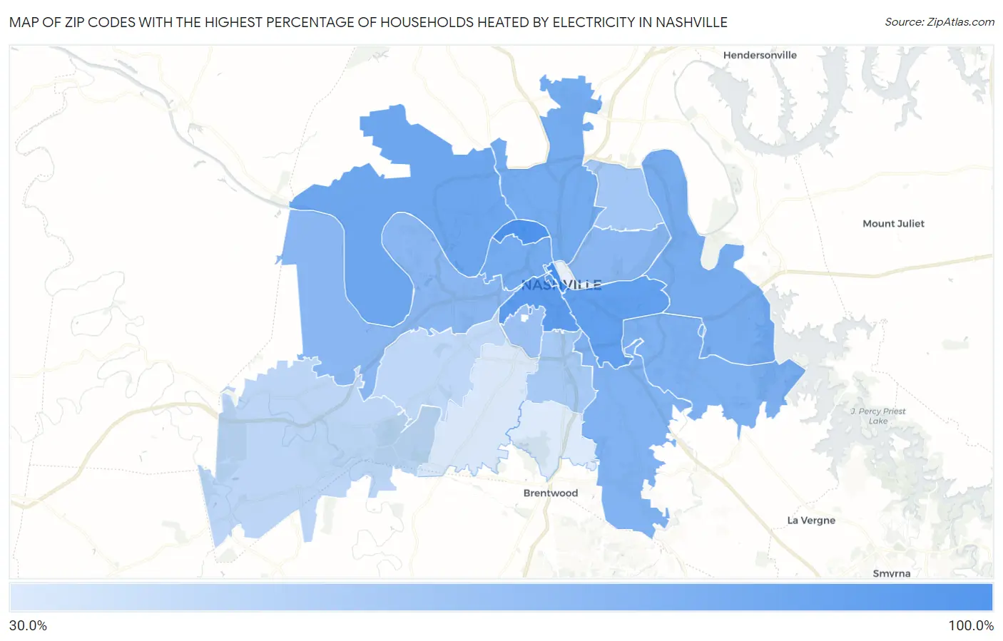 Zip Codes with the Highest Percentage of Households Heated by Electricity in Nashville Map