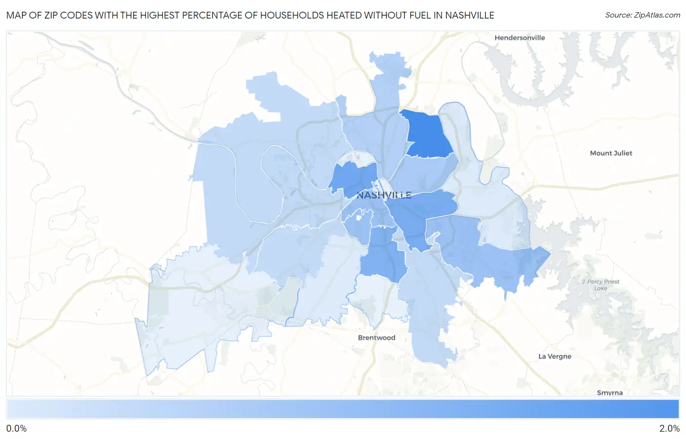 Zip Codes with the Highest Percentage of Households Heated without Fuel in Nashville Map