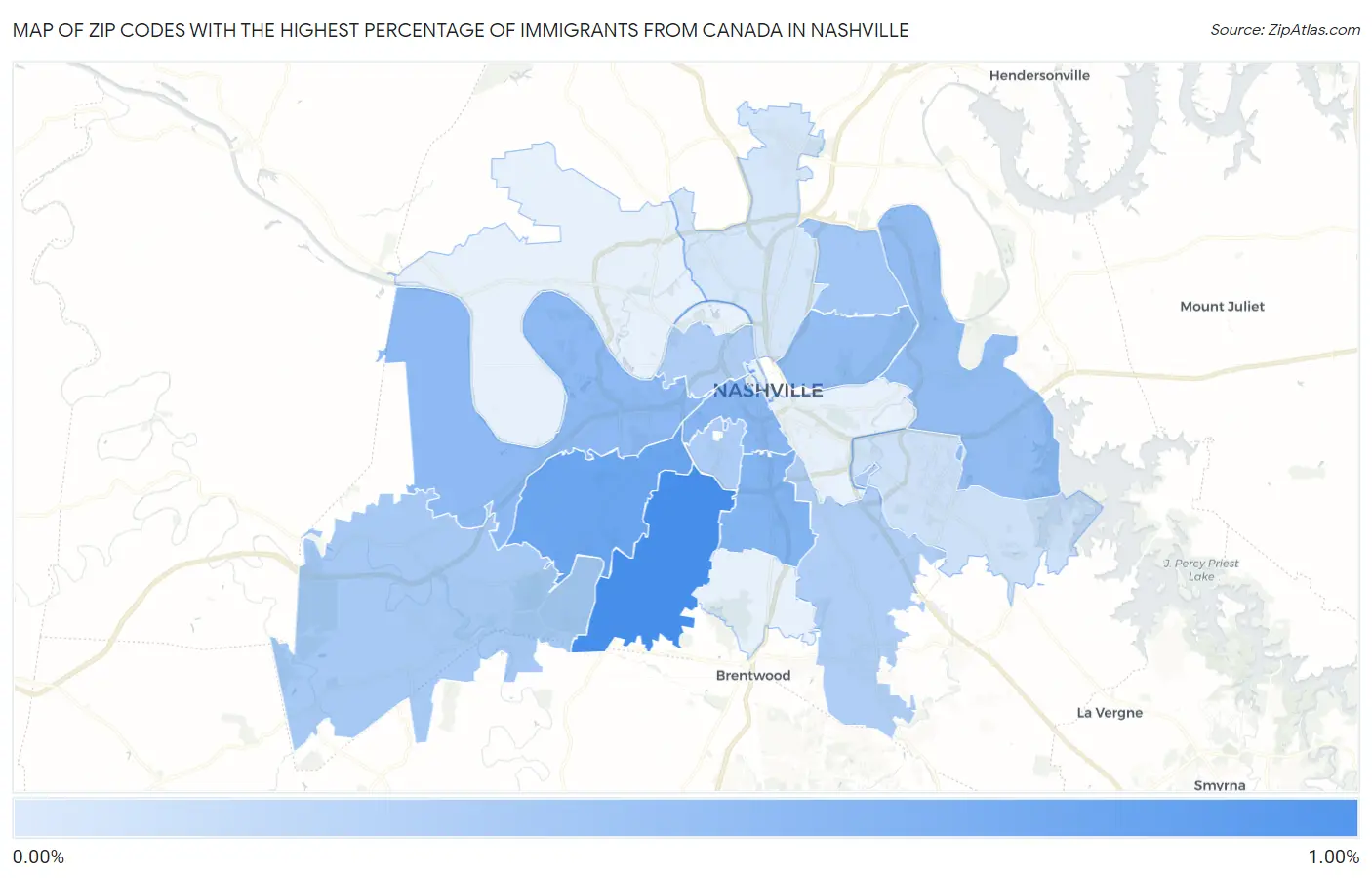 Zip Codes with the Highest Percentage of Immigrants from Canada in Nashville Map