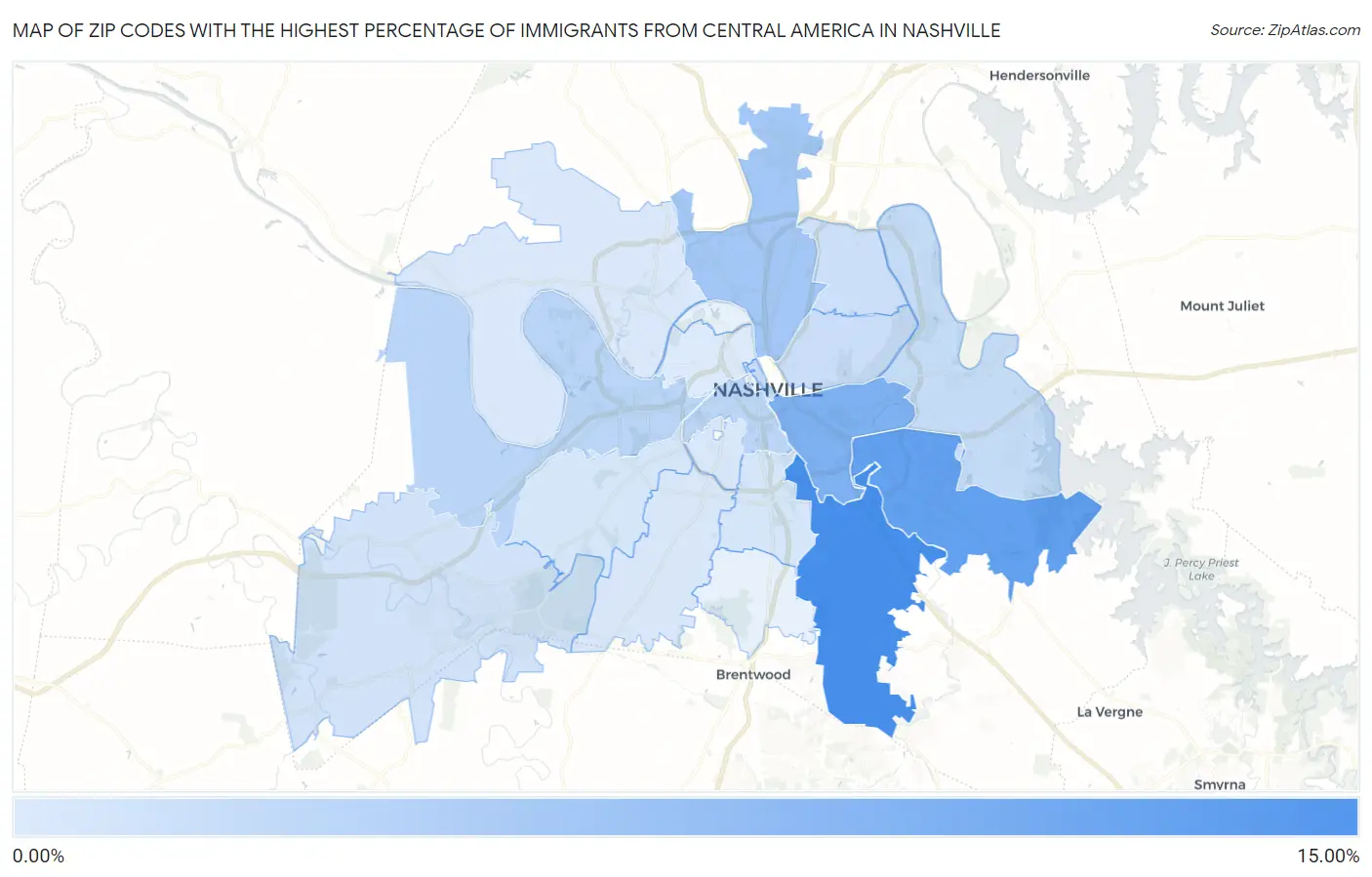 Zip Codes with the Highest Percentage of Immigrants from Central America in Nashville Map