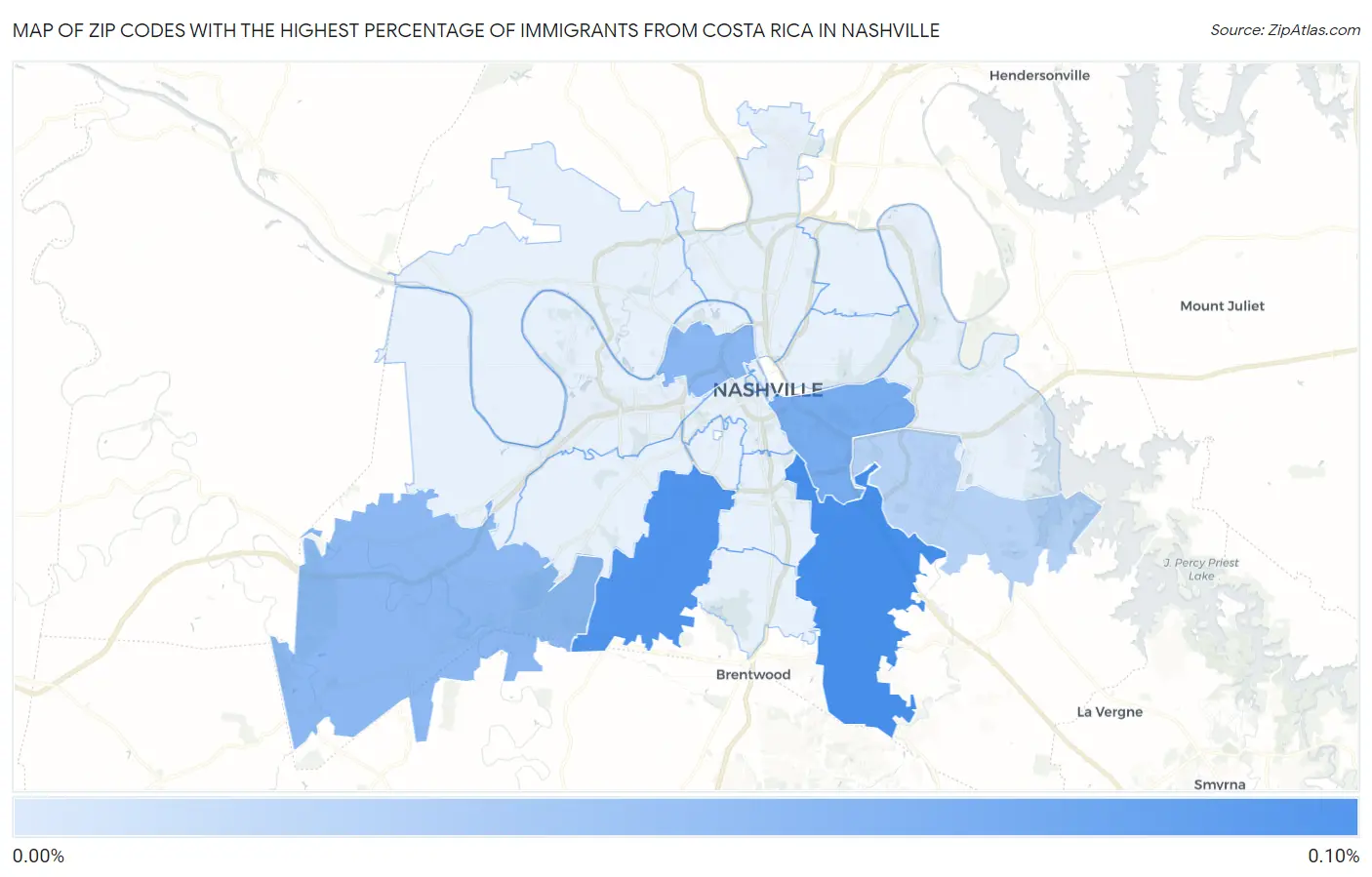 Zip Codes with the Highest Percentage of Immigrants from Costa Rica in Nashville Map