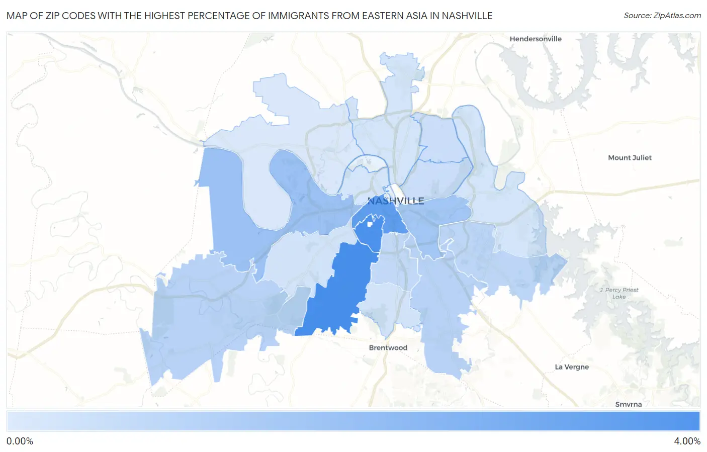 Zip Codes with the Highest Percentage of Immigrants from Eastern Asia in Nashville Map