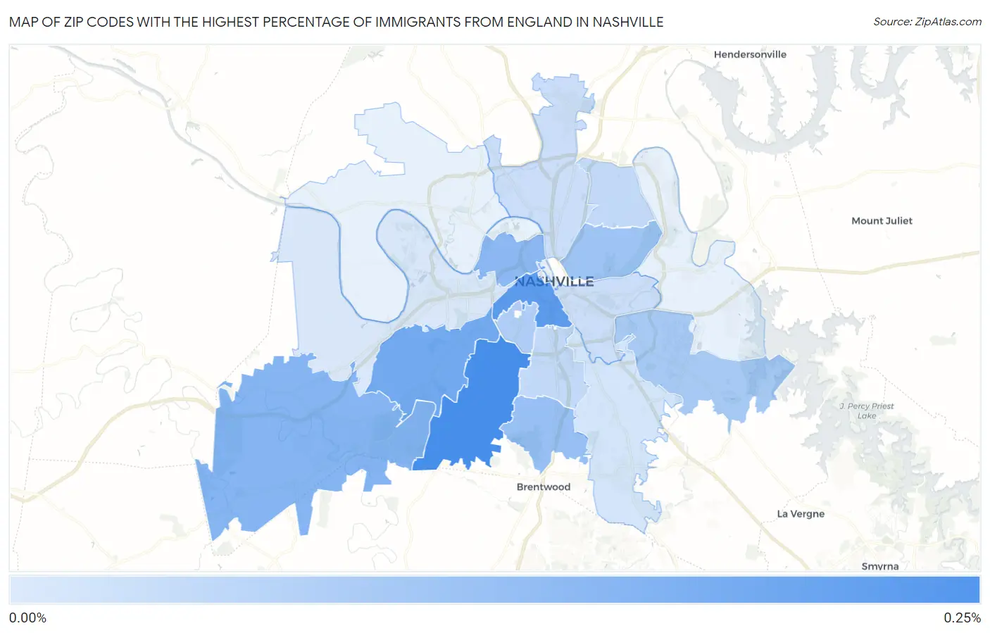 Zip Codes with the Highest Percentage of Immigrants from England in Nashville Map