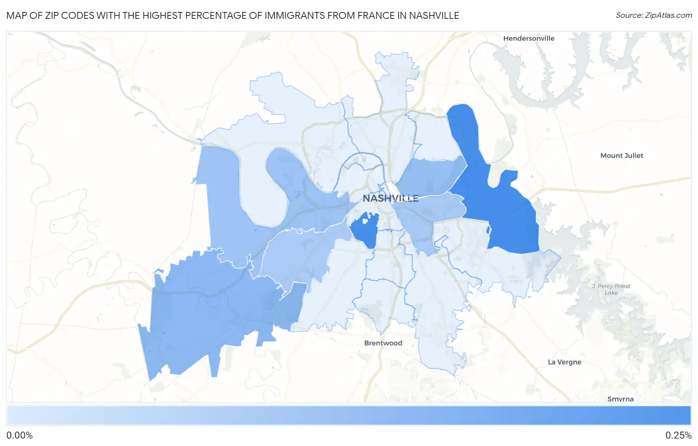 Zip Codes with the Highest Percentage of Immigrants from France in Nashville Map