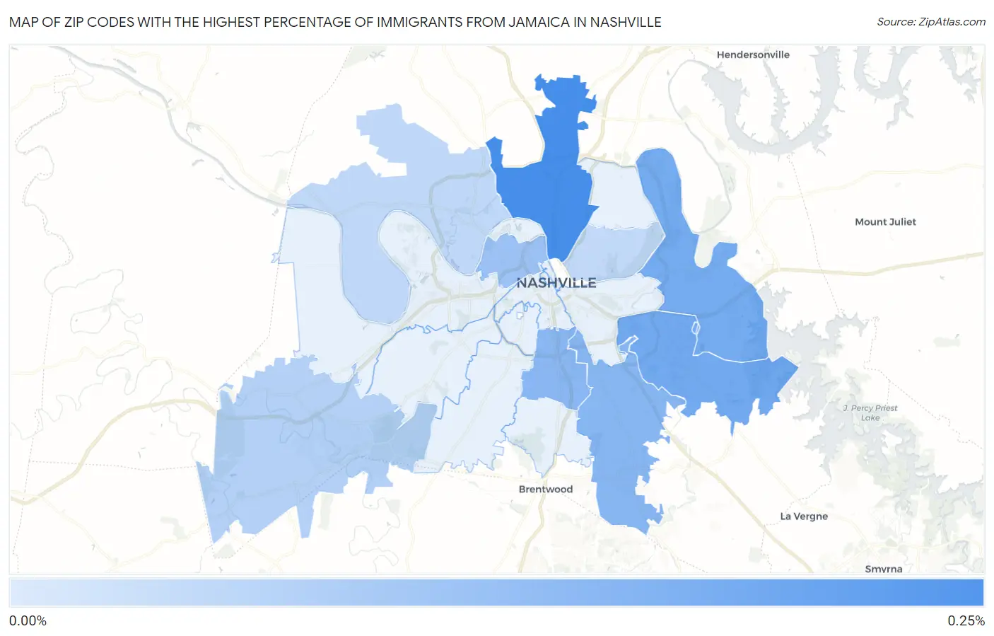 Zip Codes with the Highest Percentage of Immigrants from Jamaica in Nashville Map