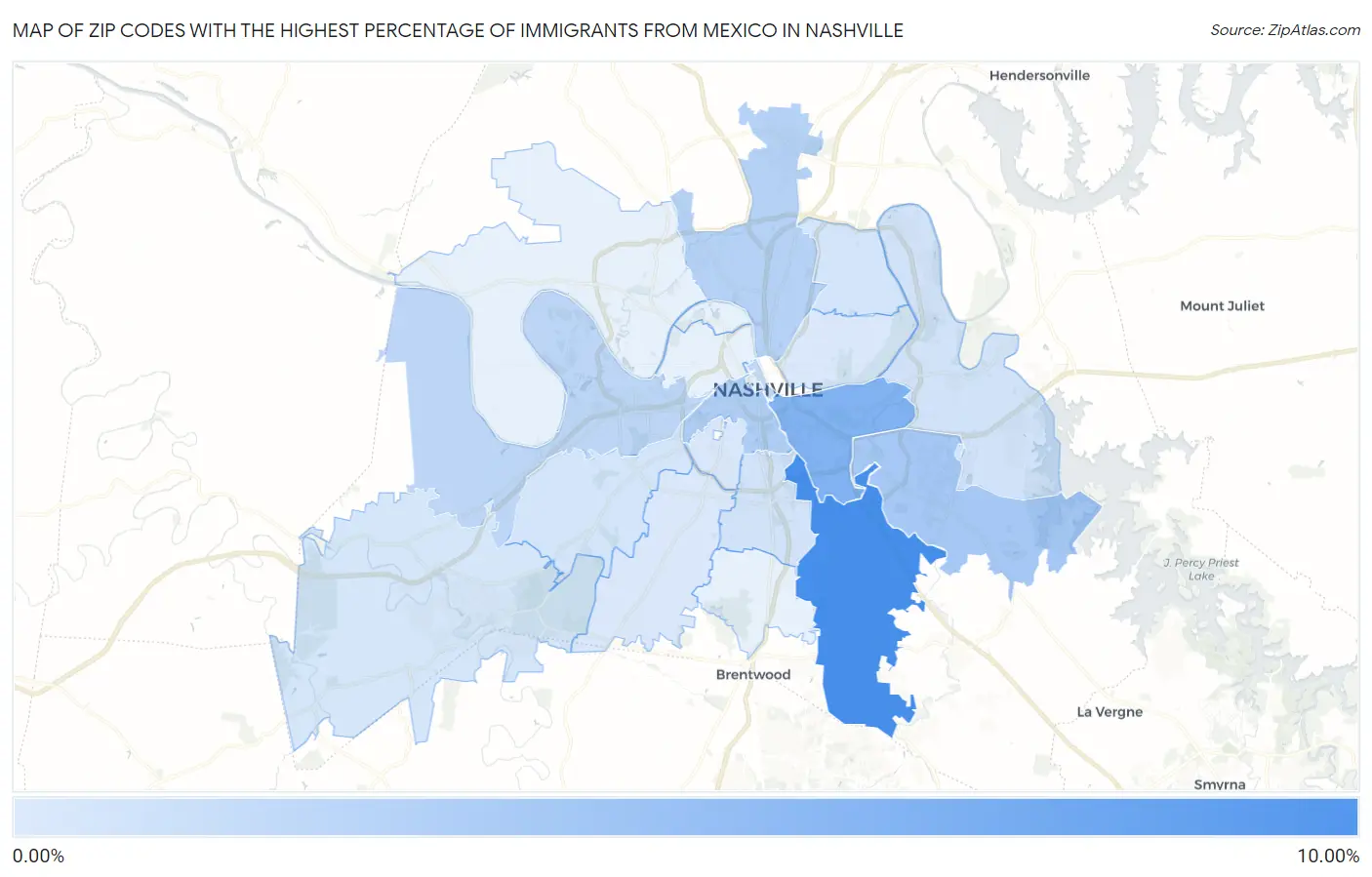 Zip Codes with the Highest Percentage of Immigrants from Mexico in Nashville Map