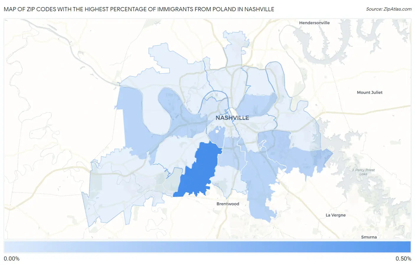 Zip Codes with the Highest Percentage of Immigrants from Poland in Nashville Map