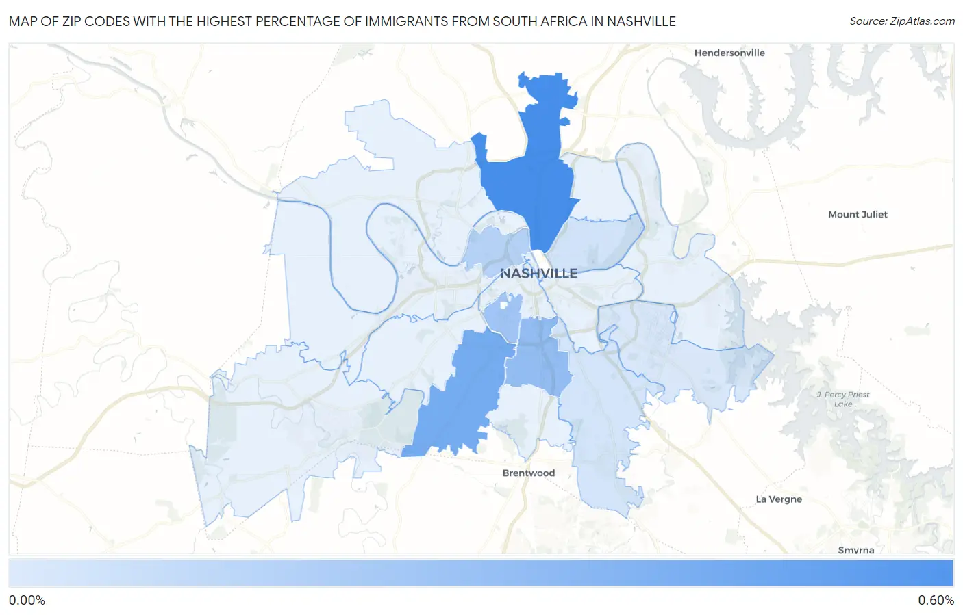 Zip Codes with the Highest Percentage of Immigrants from South Africa in Nashville Map