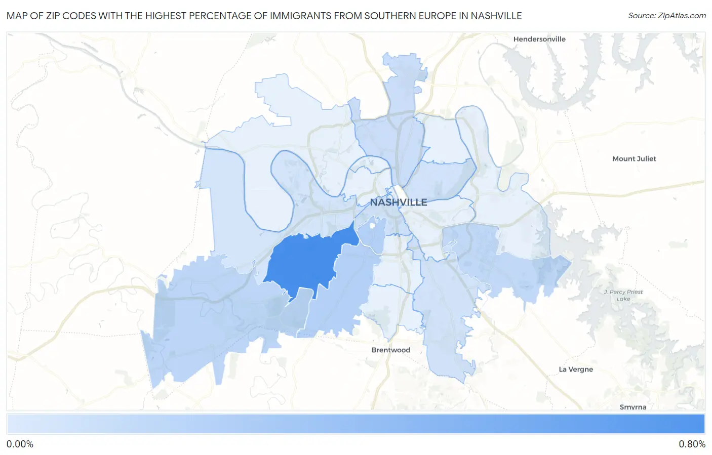 Zip Codes with the Highest Percentage of Immigrants from Southern Europe in Nashville Map