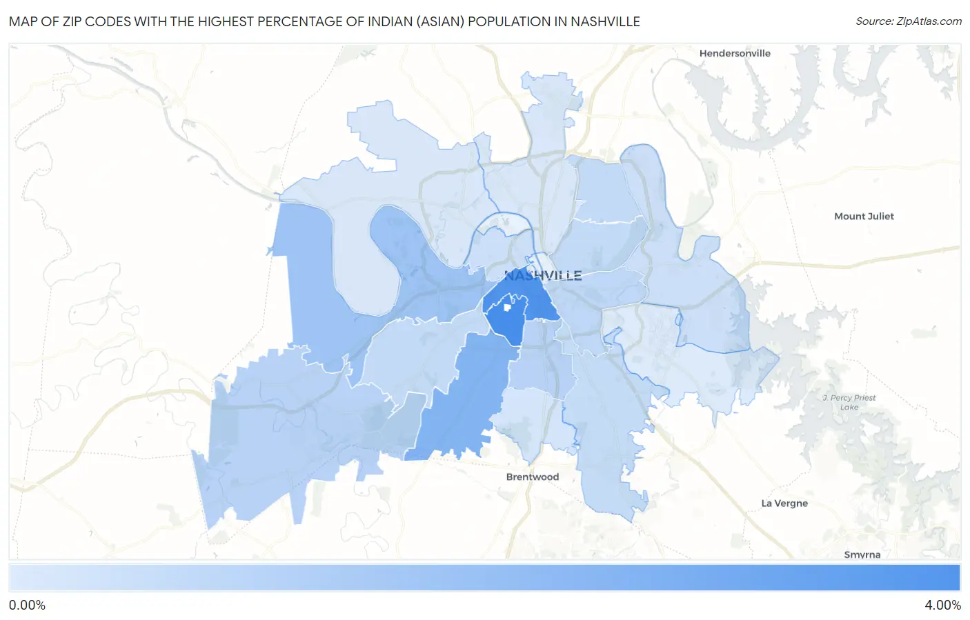 Zip Codes with the Highest Percentage of Indian (Asian) Population in Nashville Map