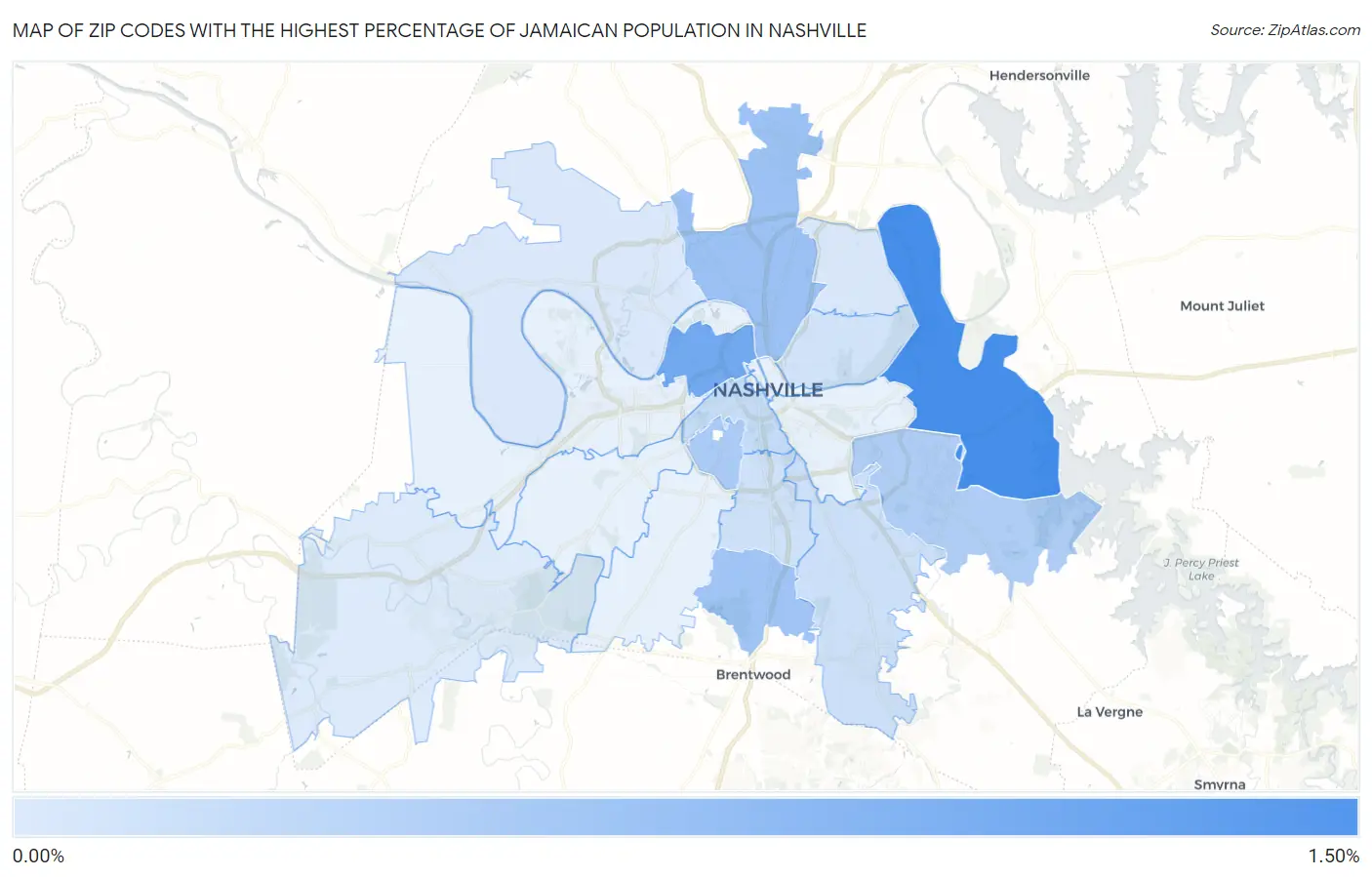Zip Codes with the Highest Percentage of Jamaican Population in Nashville Map