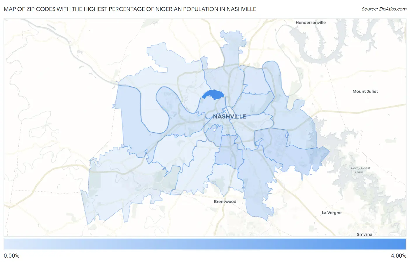 Zip Codes with the Highest Percentage of Nigerian Population in Nashville Map