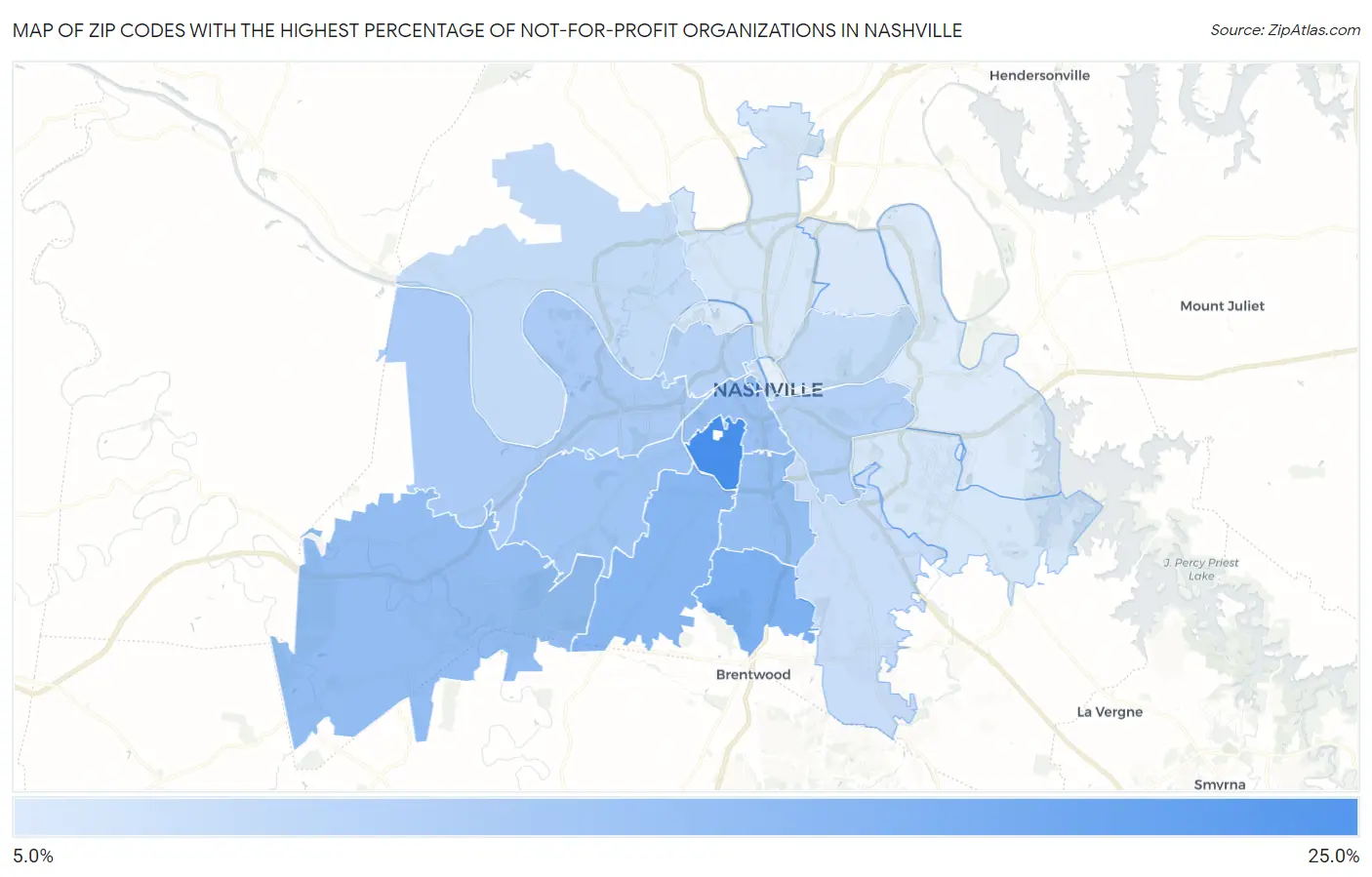 Zip Codes with the Highest Percentage of Not-for-profit Organizations in Nashville Map