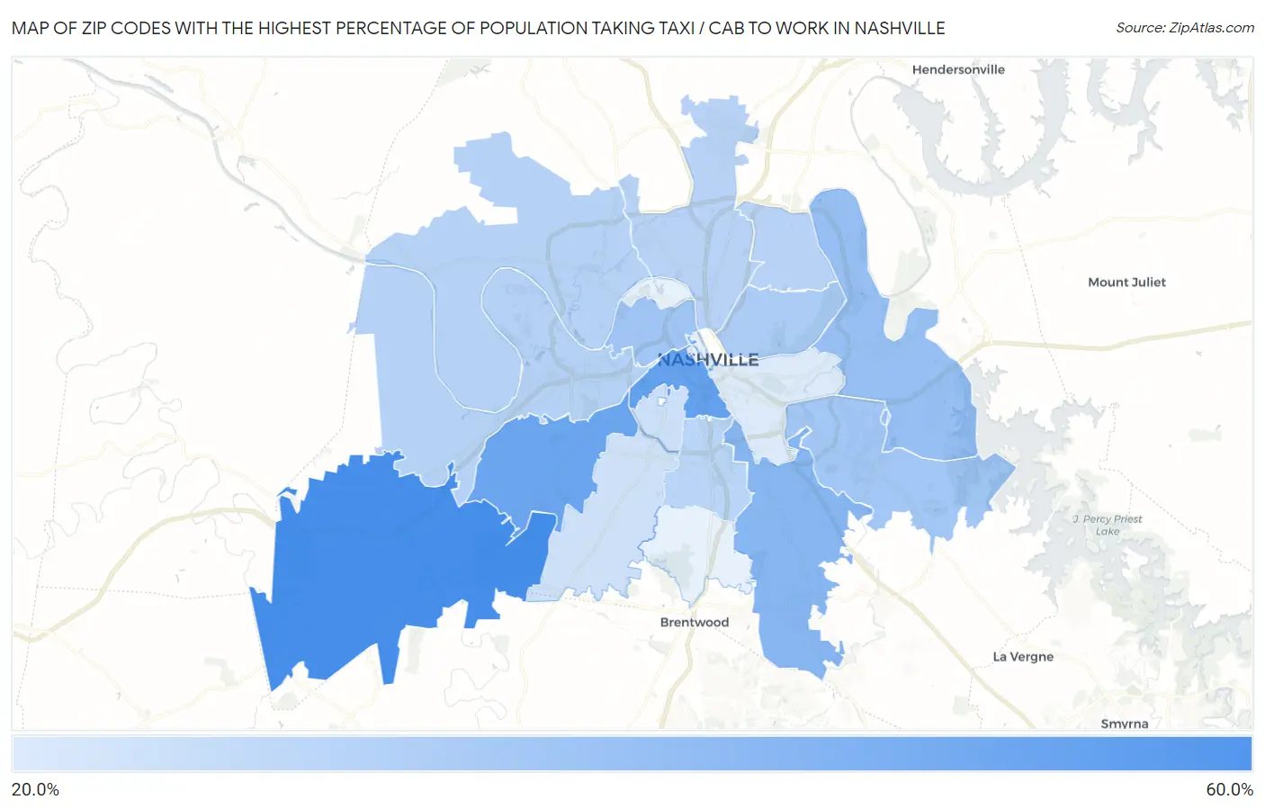 Zip Codes with the Highest Percentage of Population Taking Taxi / Cab to Work in Nashville Map