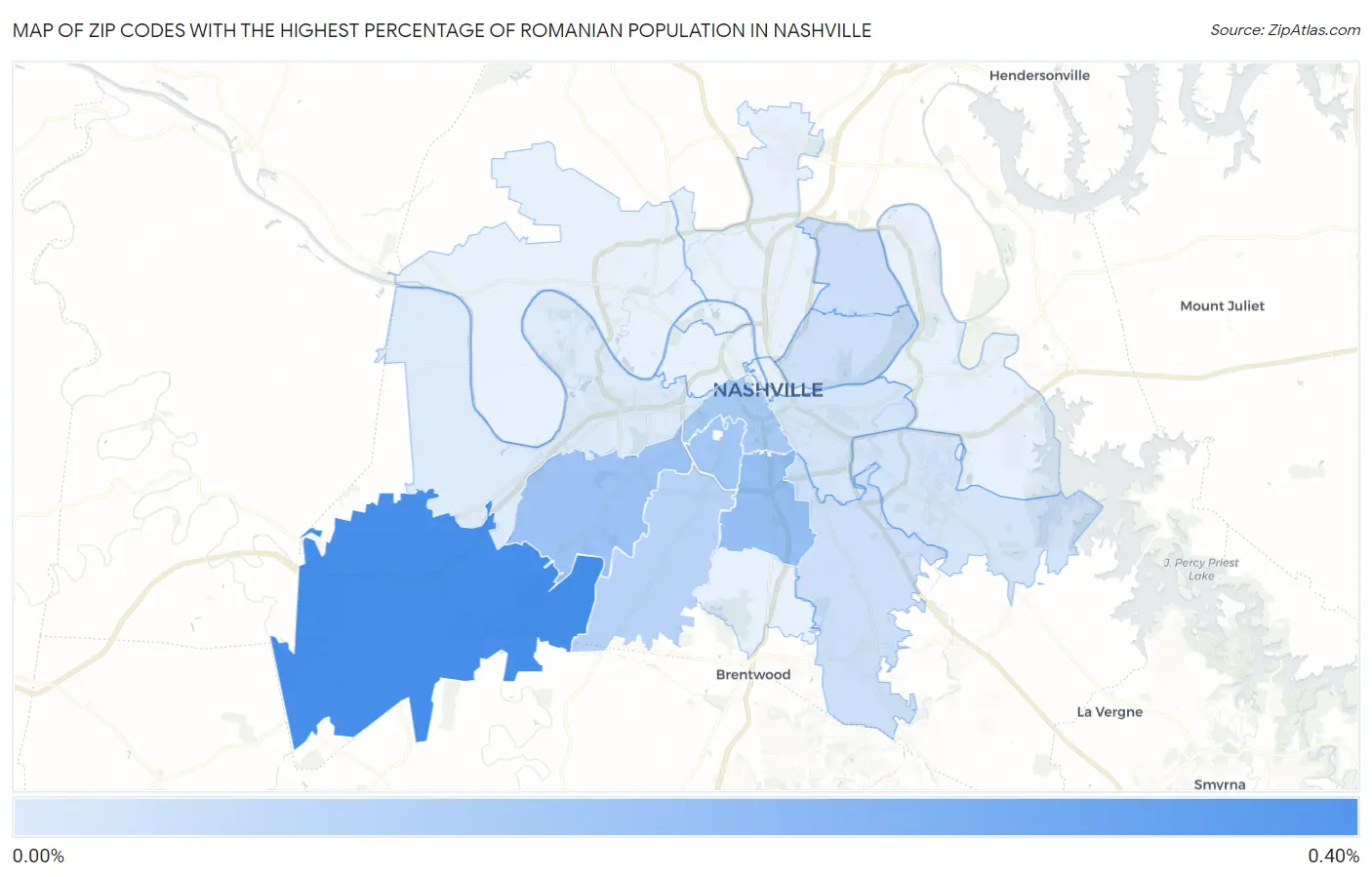 Zip Codes with the Highest Percentage of Romanian Population in Nashville Map
