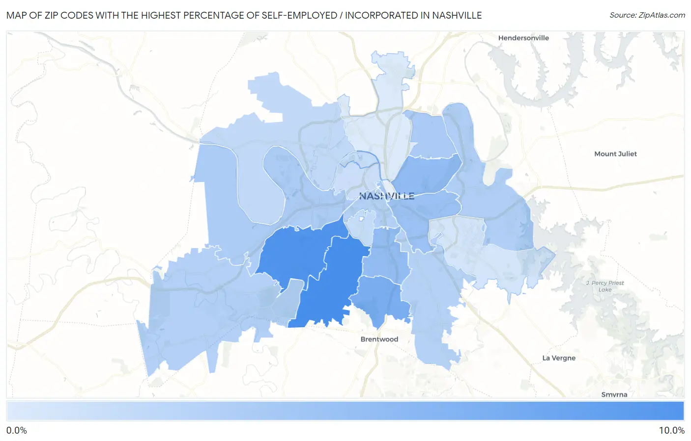 Zip Codes with the Highest Percentage of Self-Employed / Incorporated in Nashville Map