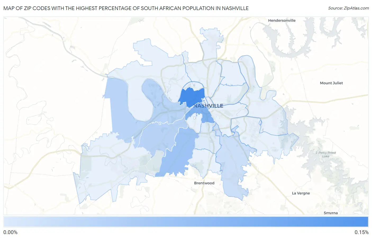 Zip Codes with the Highest Percentage of South African Population in Nashville Map