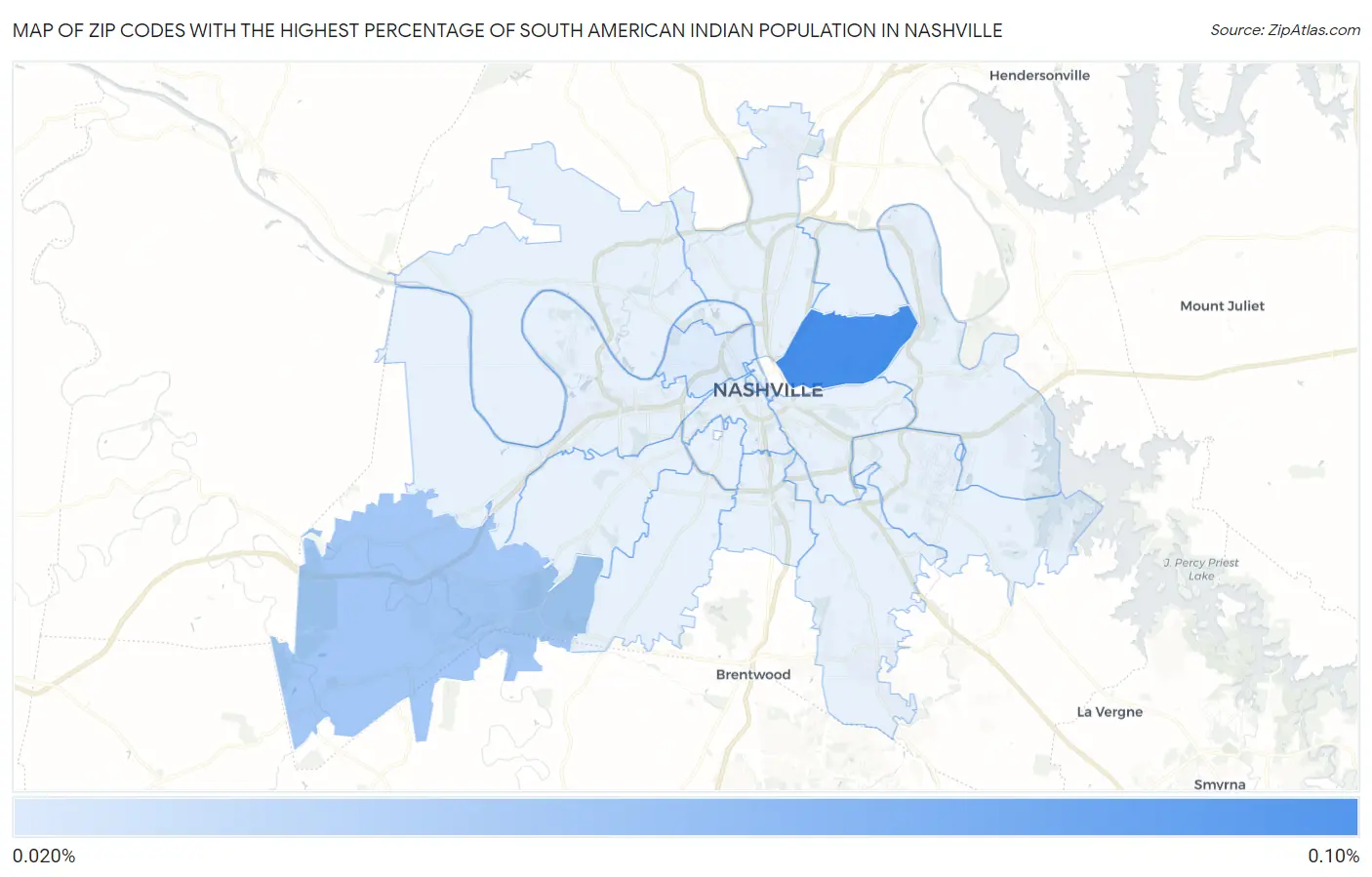 Zip Codes with the Highest Percentage of South American Indian Population in Nashville Map