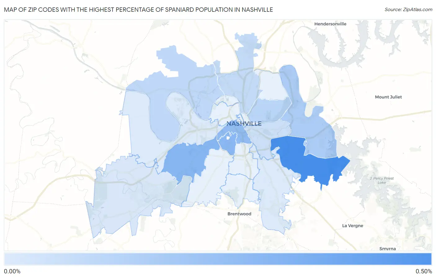 Zip Codes with the Highest Percentage of Spaniard Population in Nashville Map