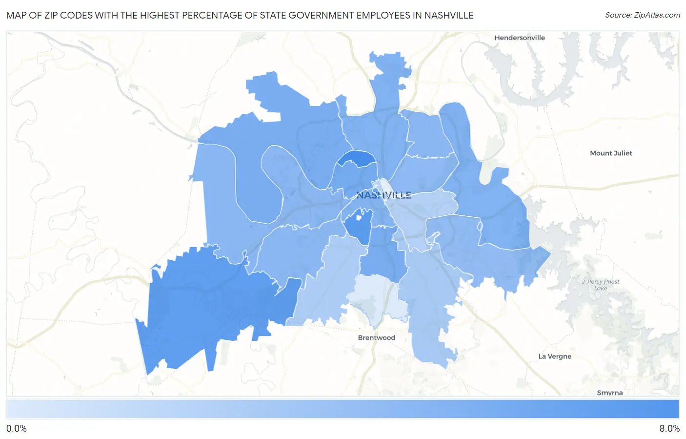 Zip Codes with the Highest Percentage of State Government Employees in Nashville Map