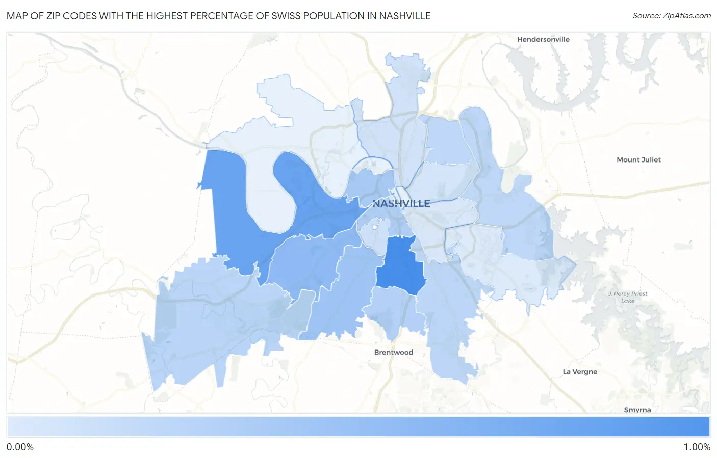 Zip Codes with the Highest Percentage of Swiss Population in Nashville Map