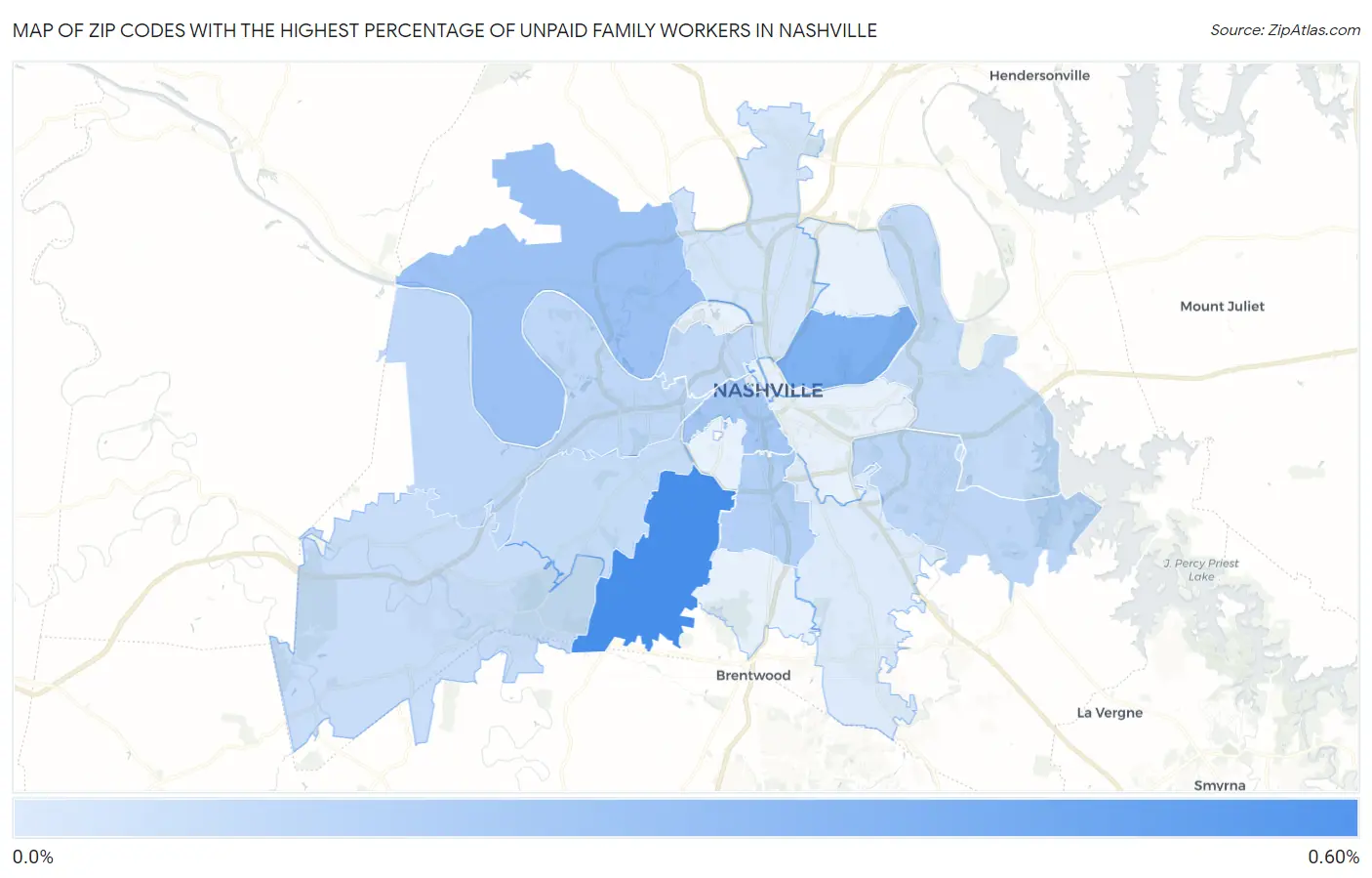 Zip Codes with the Highest Percentage of Unpaid Family Workers in Nashville Map
