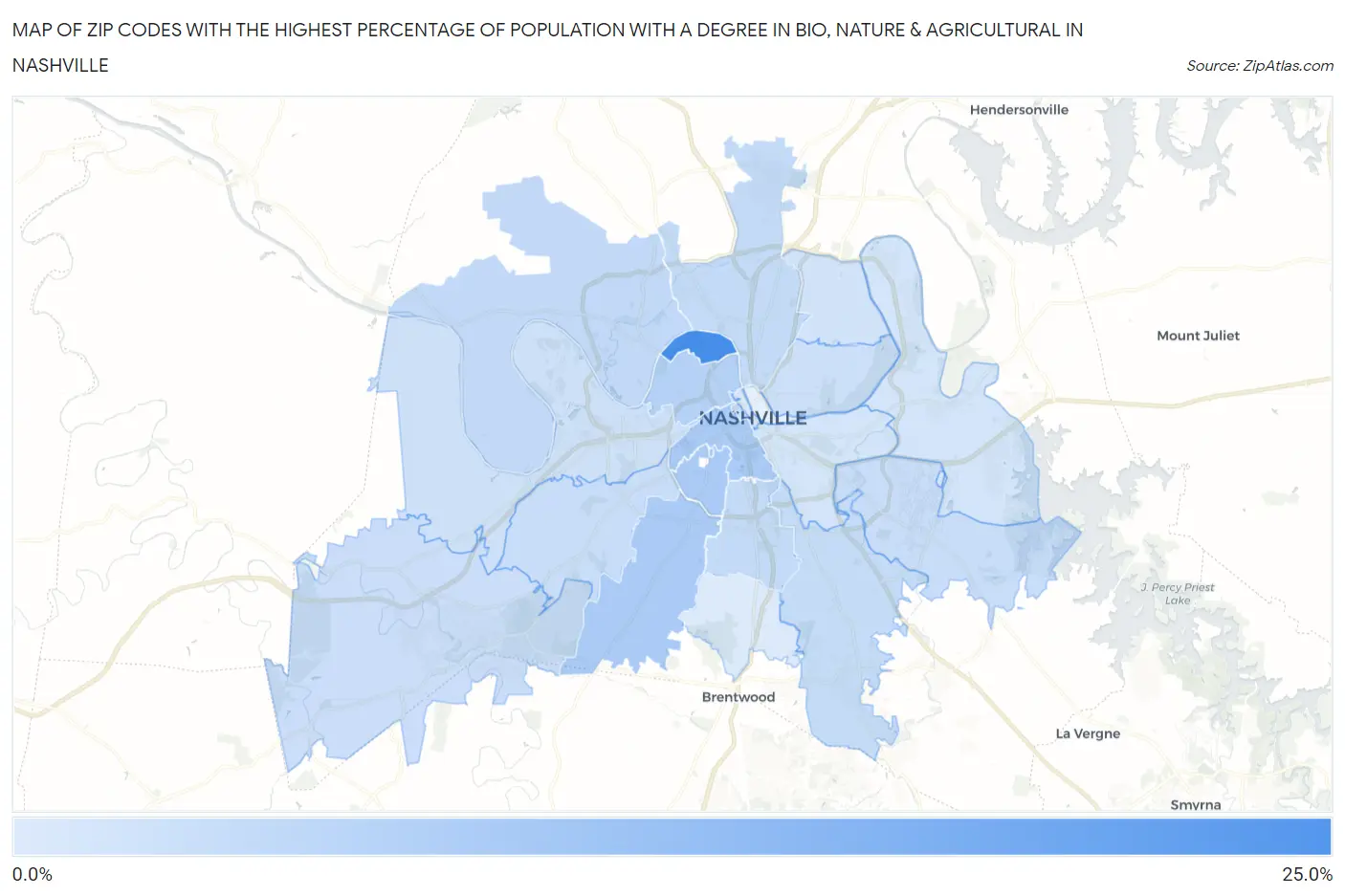Zip Codes with the Highest Percentage of Population with a Degree in Bio, Nature & Agricultural in Nashville Map