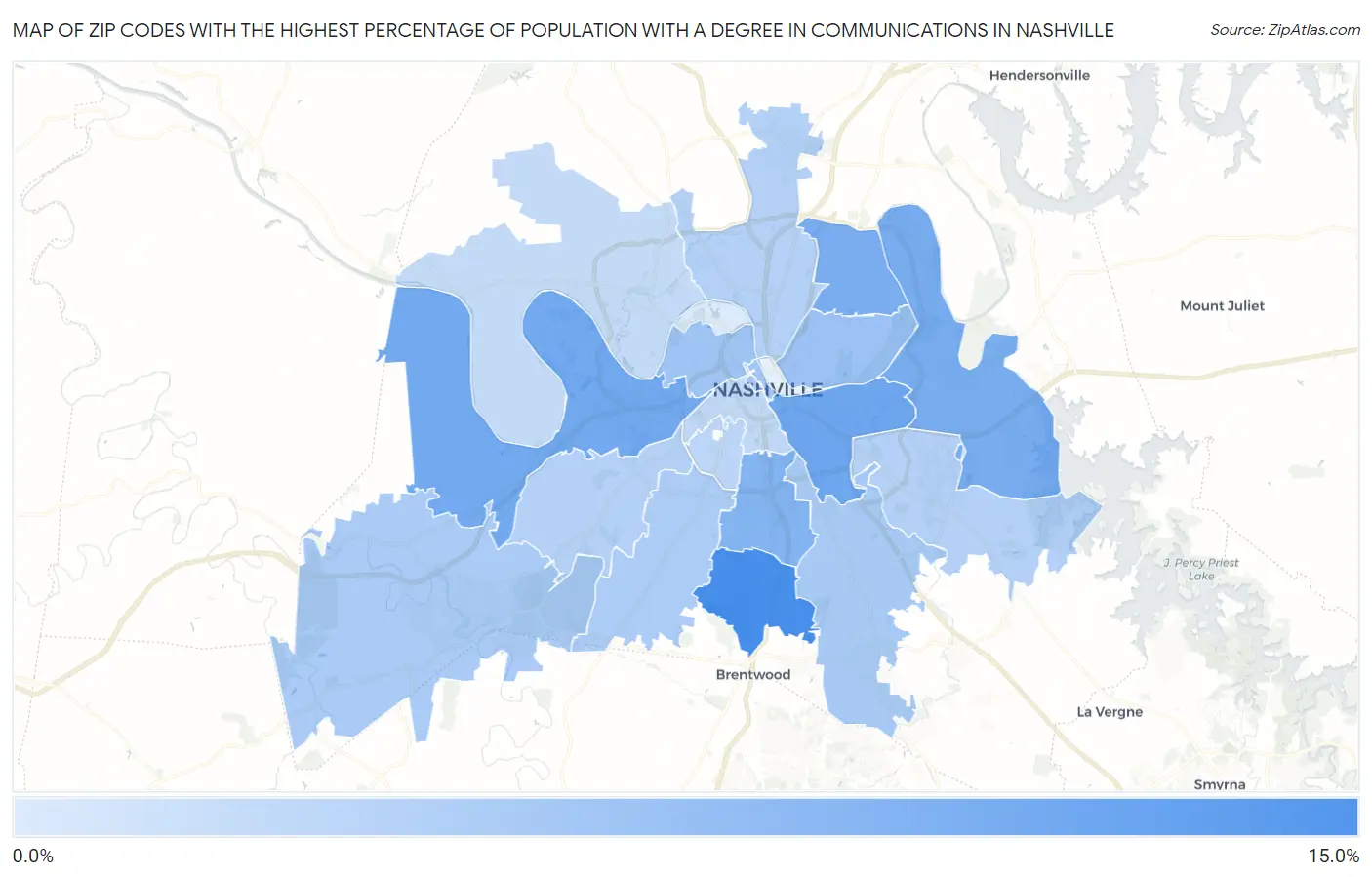 Zip Codes with the Highest Percentage of Population with a Degree in Communications in Nashville Map