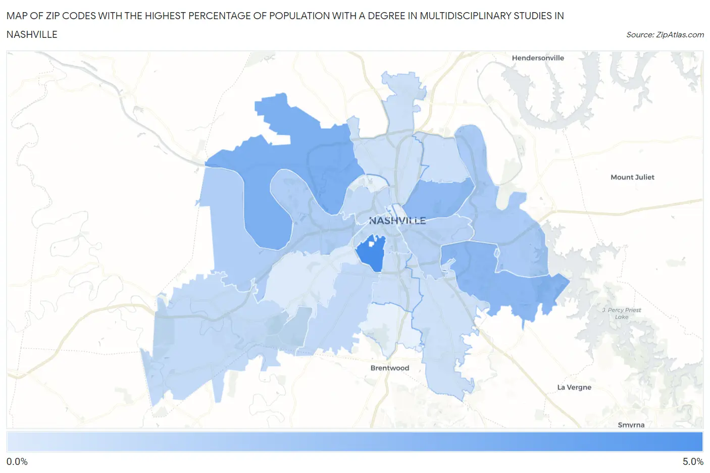 Zip Codes with the Highest Percentage of Population with a Degree in Multidisciplinary Studies in Nashville Map