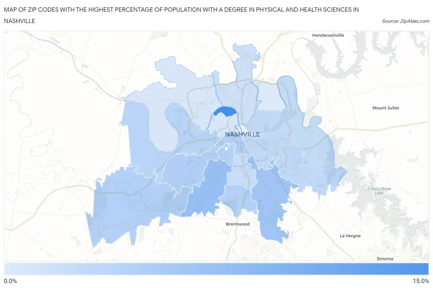 Zip Codes with the Highest Percentage of Population with a Degree in Physical and Health Sciences in Nashville Map