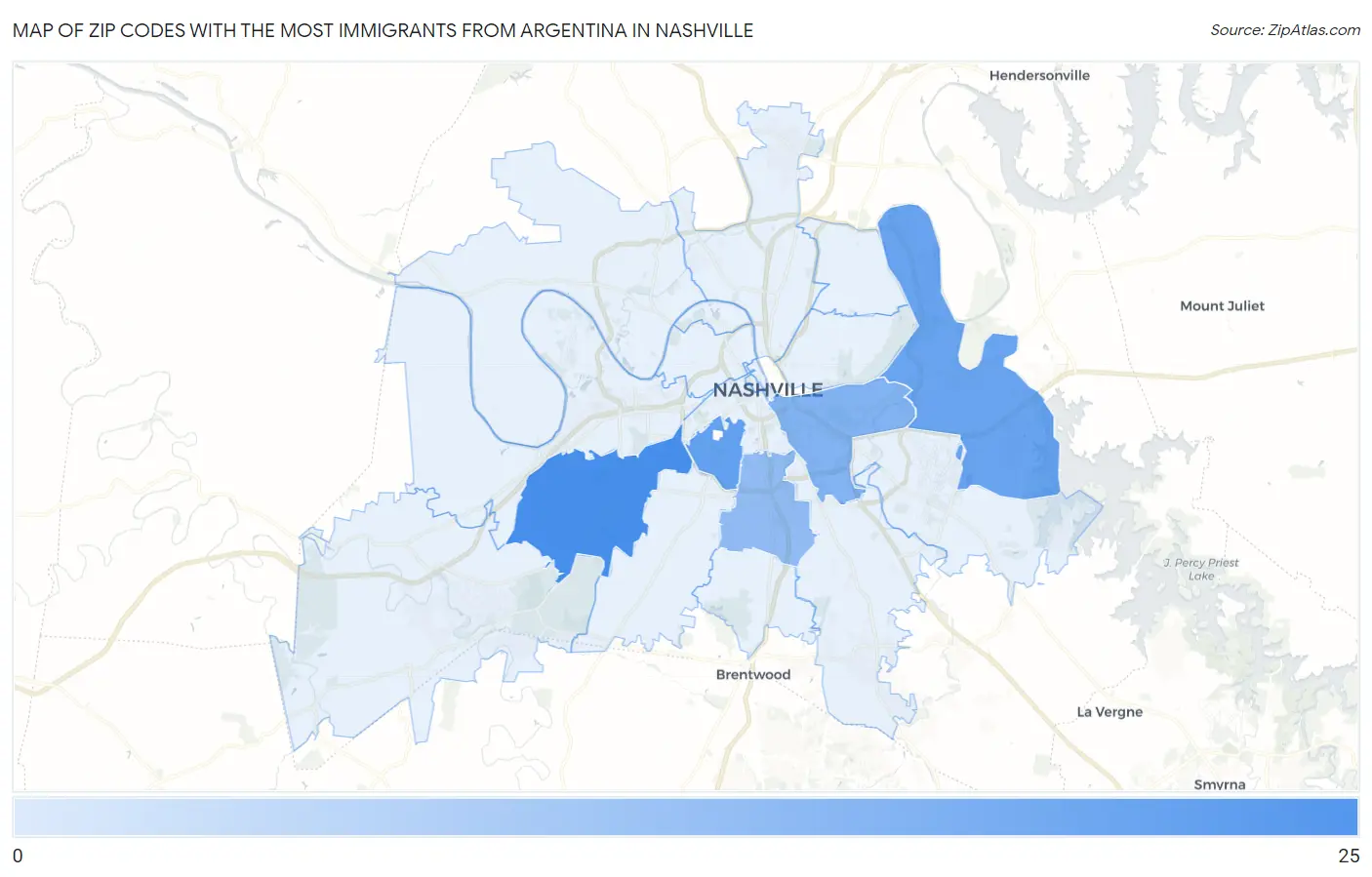 Zip Codes with the Most Immigrants from Argentina in Nashville Map