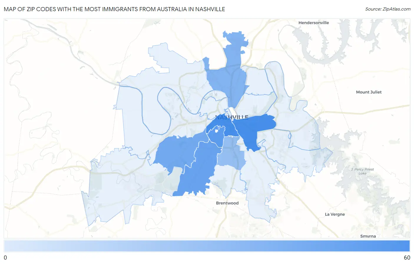 Zip Codes with the Most Immigrants from Australia in Nashville Map