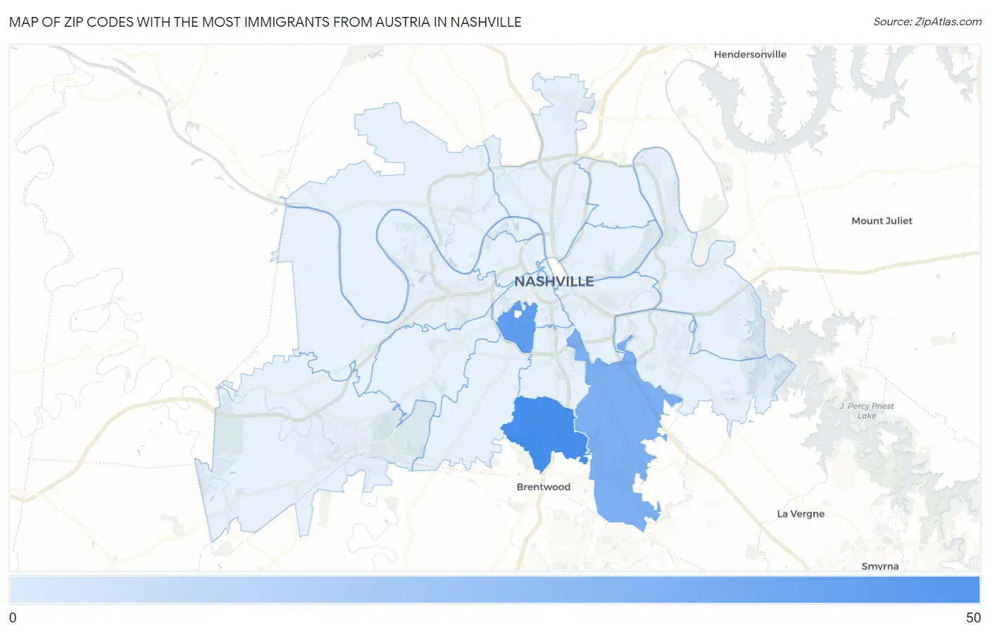 Zip Codes with the Most Immigrants from Austria in Nashville Map