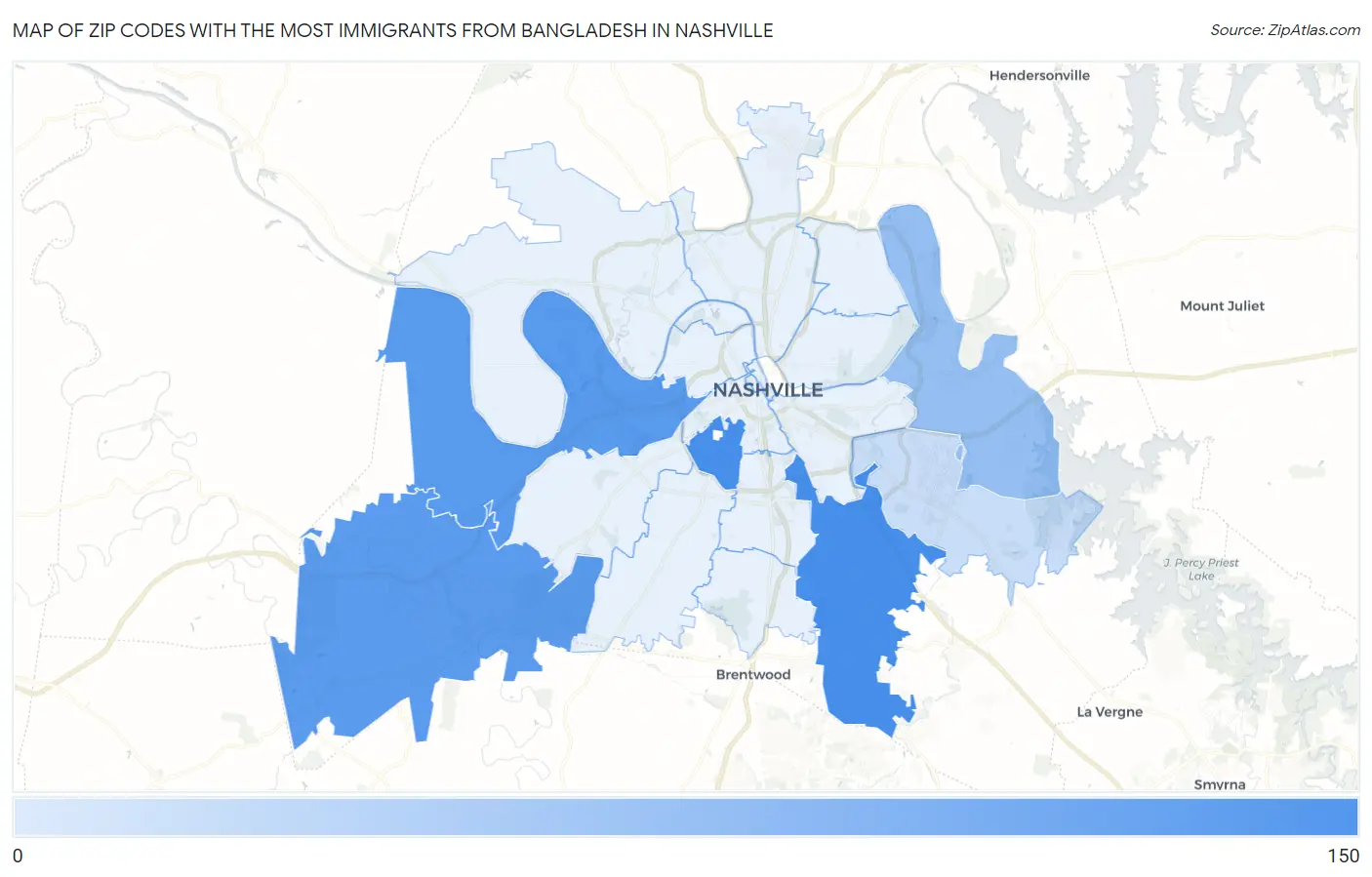 Zip Codes with the Most Immigrants from Bangladesh in Nashville Map
