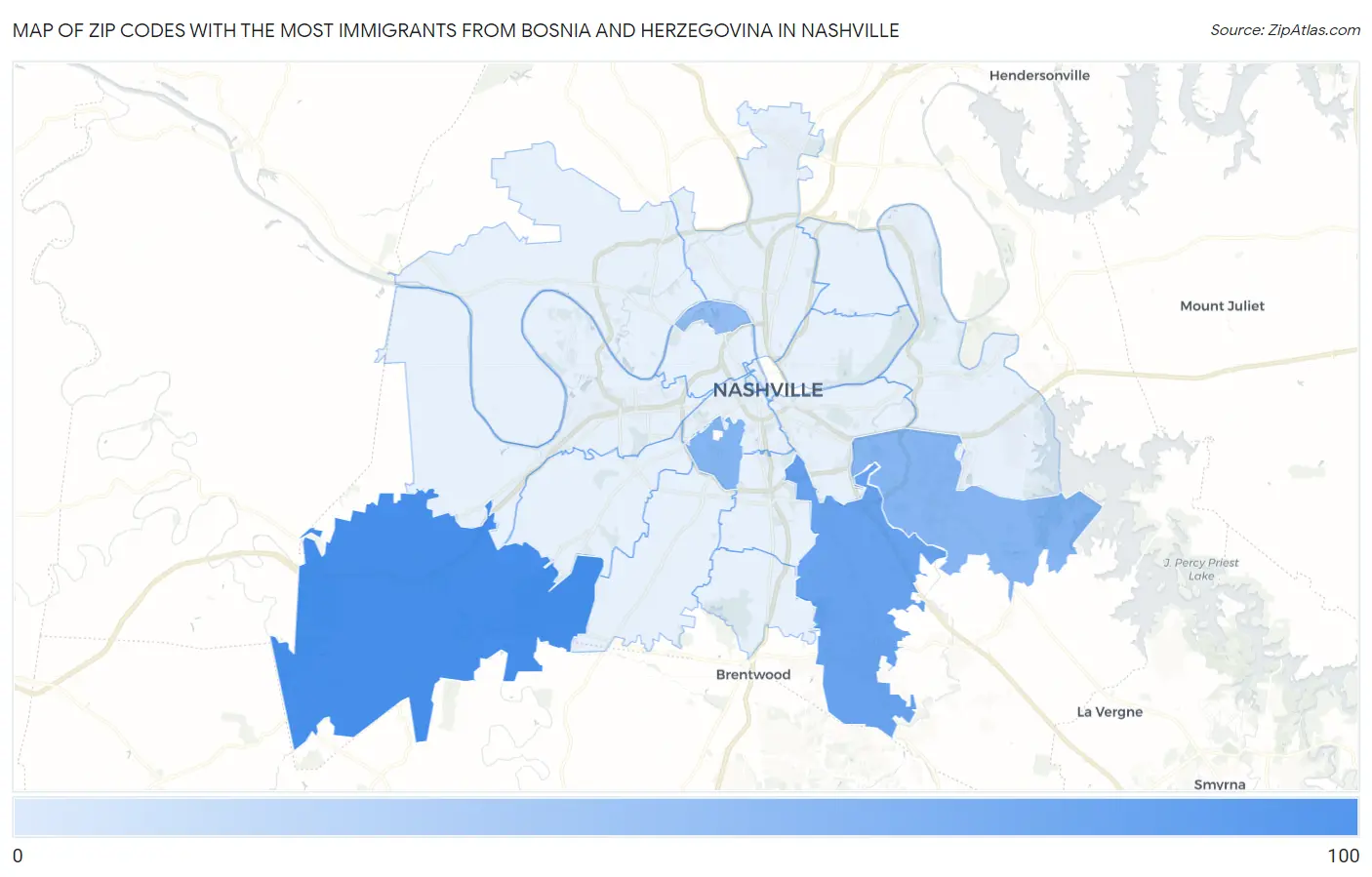 Zip Codes with the Most Immigrants from Bosnia and Herzegovina in Nashville Map